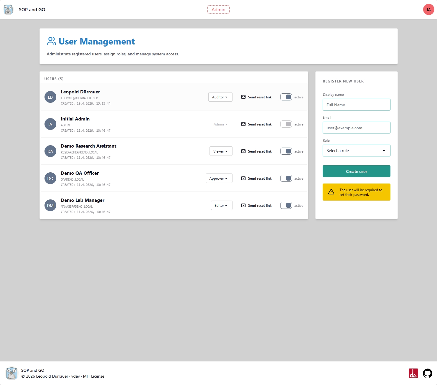 User management with account list, roles, and a form to register new users.