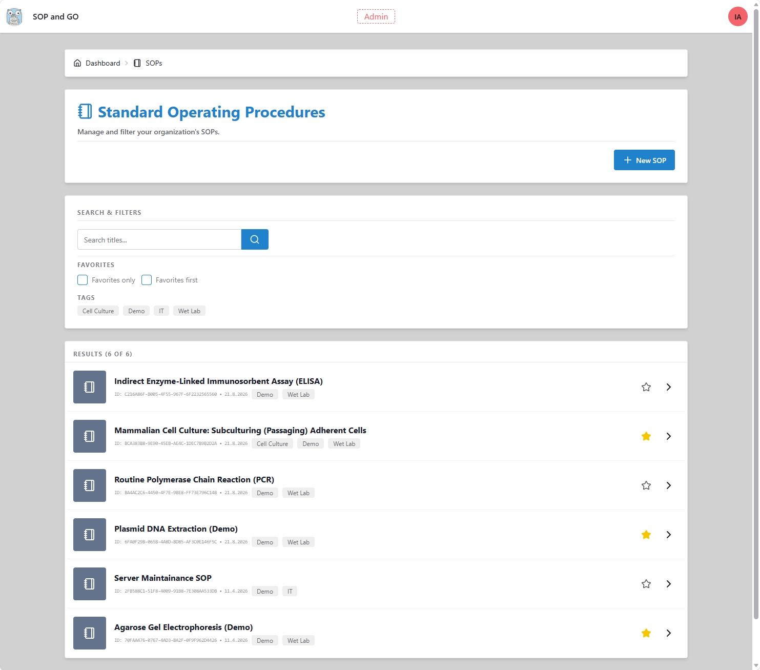 SOP library with search, tags, favorites, and a list of procedures.