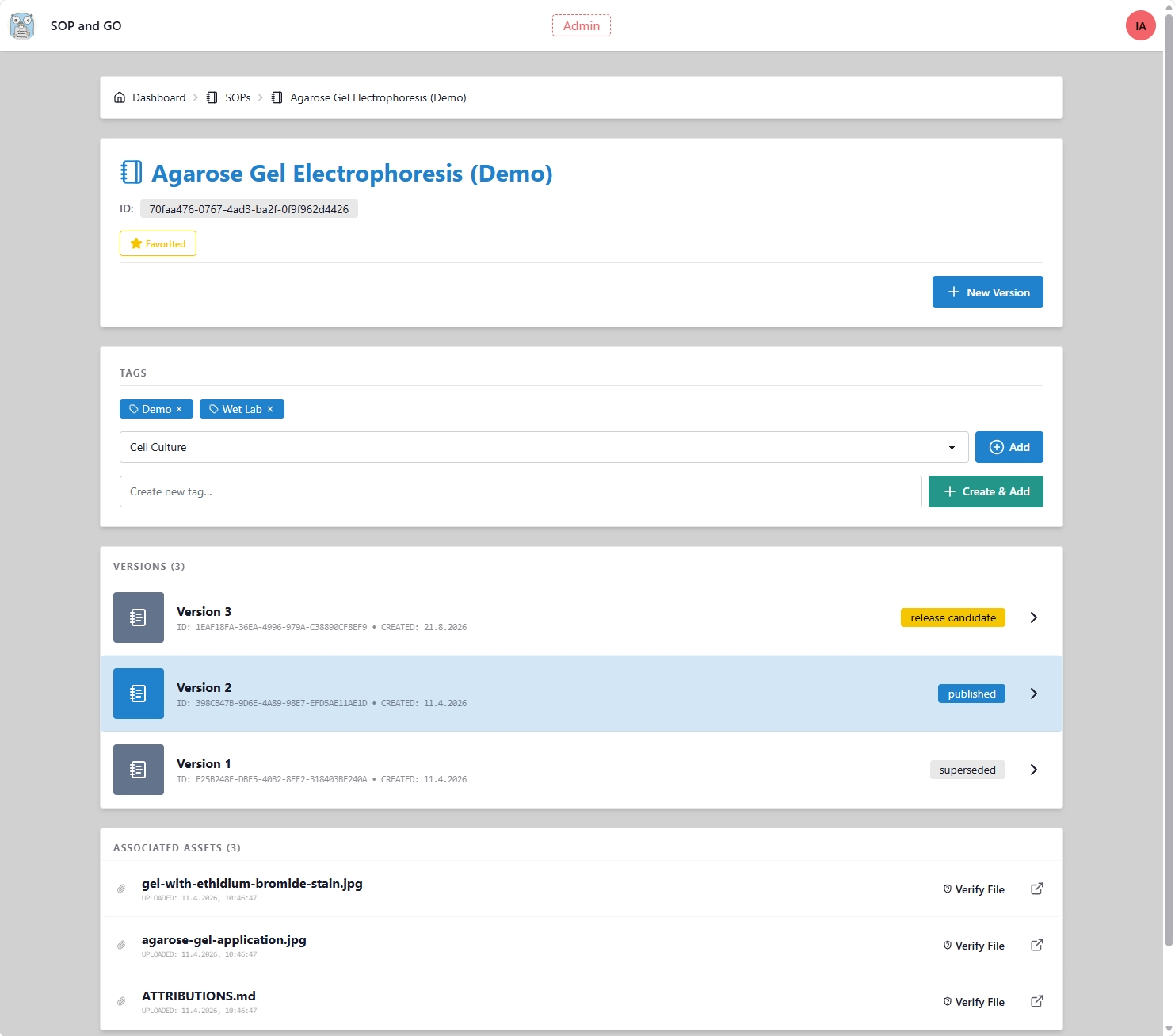 SOP detail showing tags, immutable version history, and associated assets.